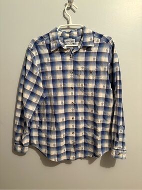 Cabin Creek Women's Large Blue White Plaid Embroidered Button-Down Shirt Cotton